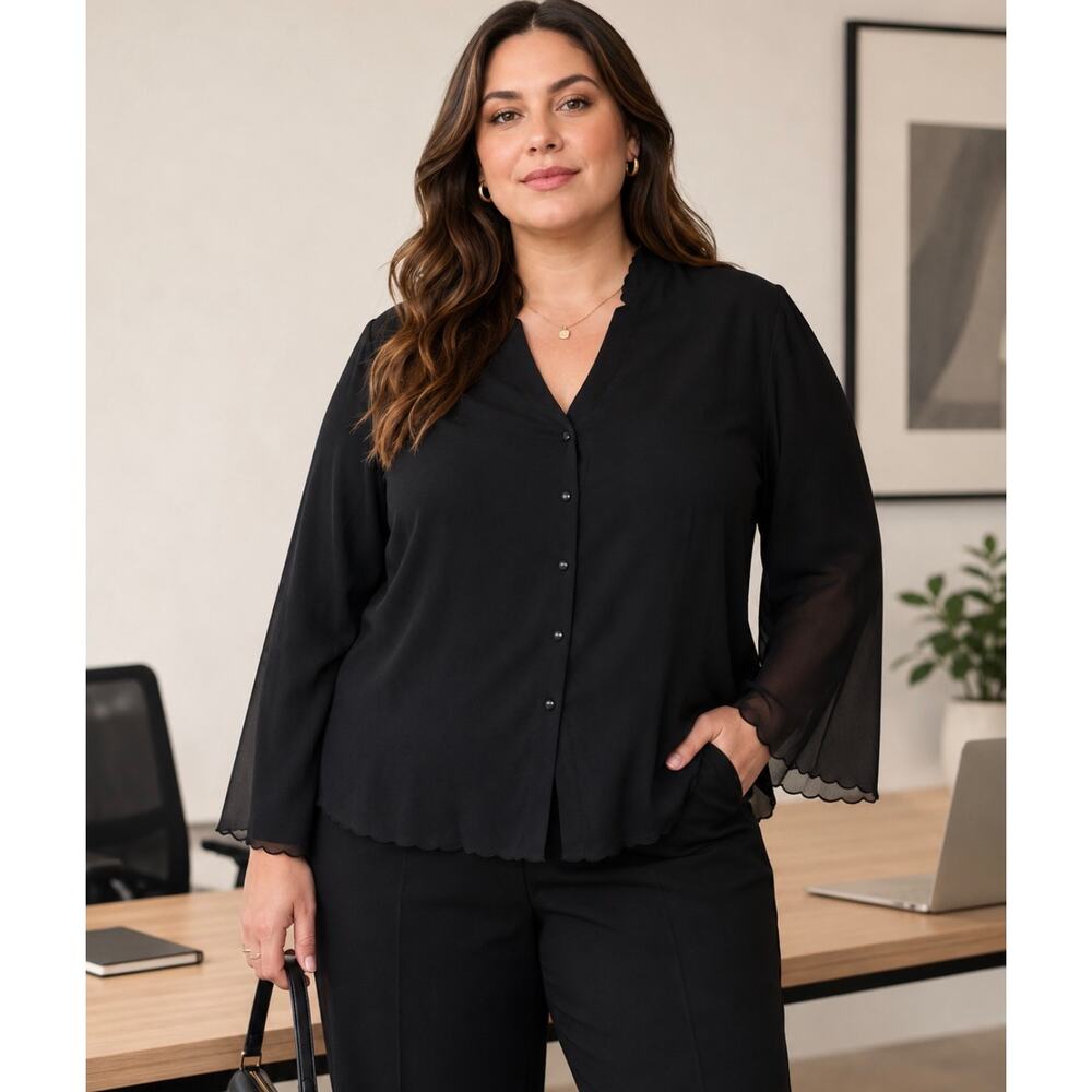 Lane Bryant Plus Size 18/20 Silk Button Up Shirt Blouse Black Embroidered Hem